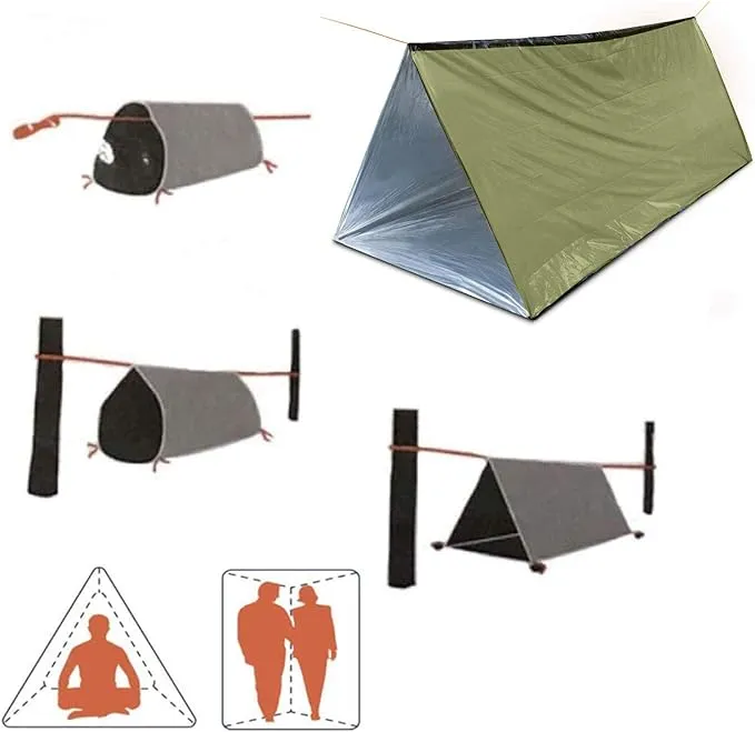 1 Piece Survival Shelter, Polyester Film Emergency Tent Survival Kit with String Bundle Pocket Whistle for Hiking, Car Camping, First Aid Hurricane