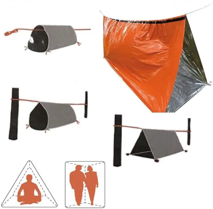 1 Piece Survival Shelter, Polyester Film Emergency Tent Survival Kit with String Bundle Pocket Whistle for Hiking, Car Camping, First Aid Hurricane