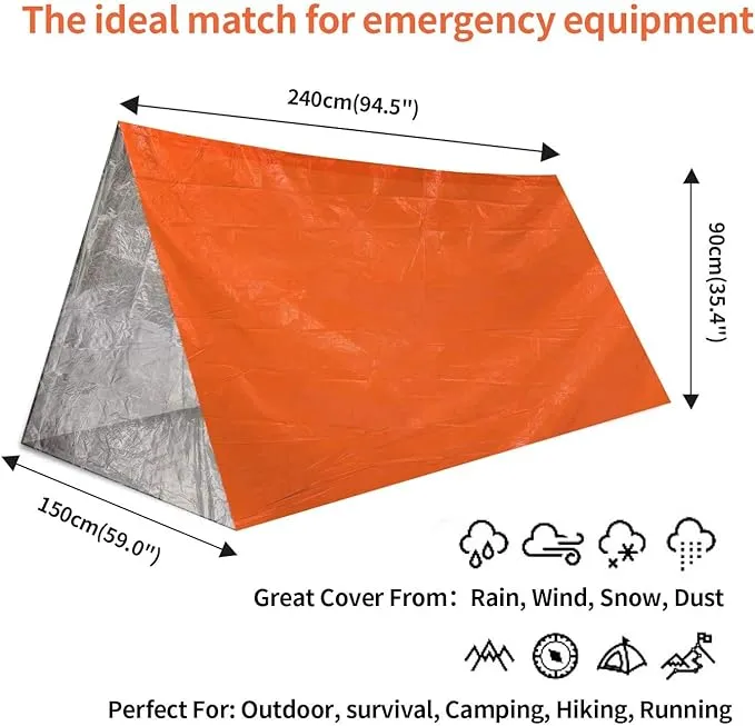 1 Piece Survival Shelter, Polyester Film Emergency Tent Survival Kit with String Bundle Pocket Whistle for Hiking, Car Camping, First Aid Hurricane
