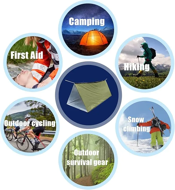 1 Piece Survival Shelter, Polyester Film Emergency Tent Survival Kit with String Bundle Pocket Whistle for Hiking, Car Camping, First Aid Hurricane