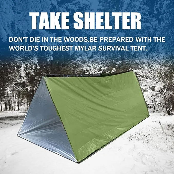1 Piece Survival Shelter, Polyester Film Emergency Tent Survival Kit with String Bundle Pocket Whistle for Hiking, Car Camping, First Aid Hurricane