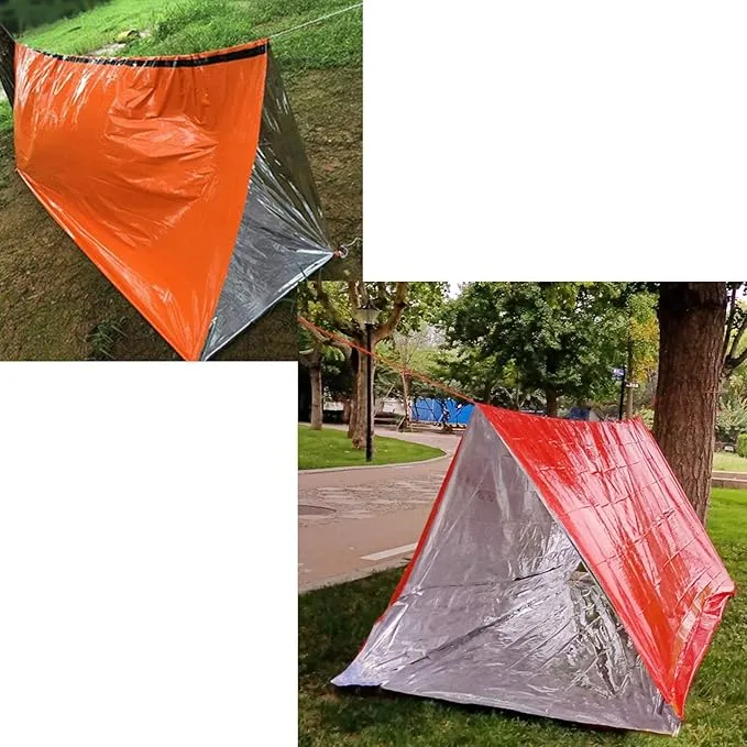 1 Piece Survival Shelter, Polyester Film Emergency Tent Survival Kit with String Bundle Pocket Whistle for Hiking, Car Camping, First Aid Hurricane