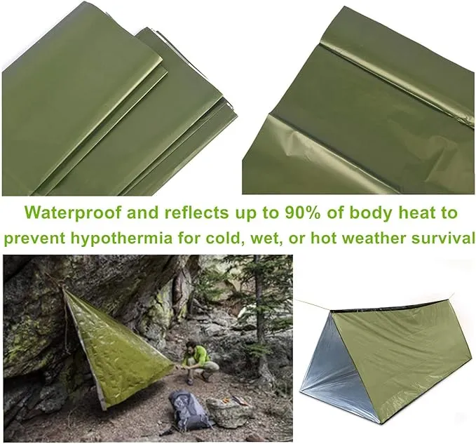 1 Piece Survival Shelter, Polyester Film Emergency Tent Survival Kit with String Bundle Pocket Whistle for Hiking, Car Camping, First Aid Hurricane
