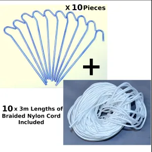 10 x Strong Heavy Duty Tent Pegs 230 x 5mm Zinc Plated  10 Lengths Nylon 3m Cord