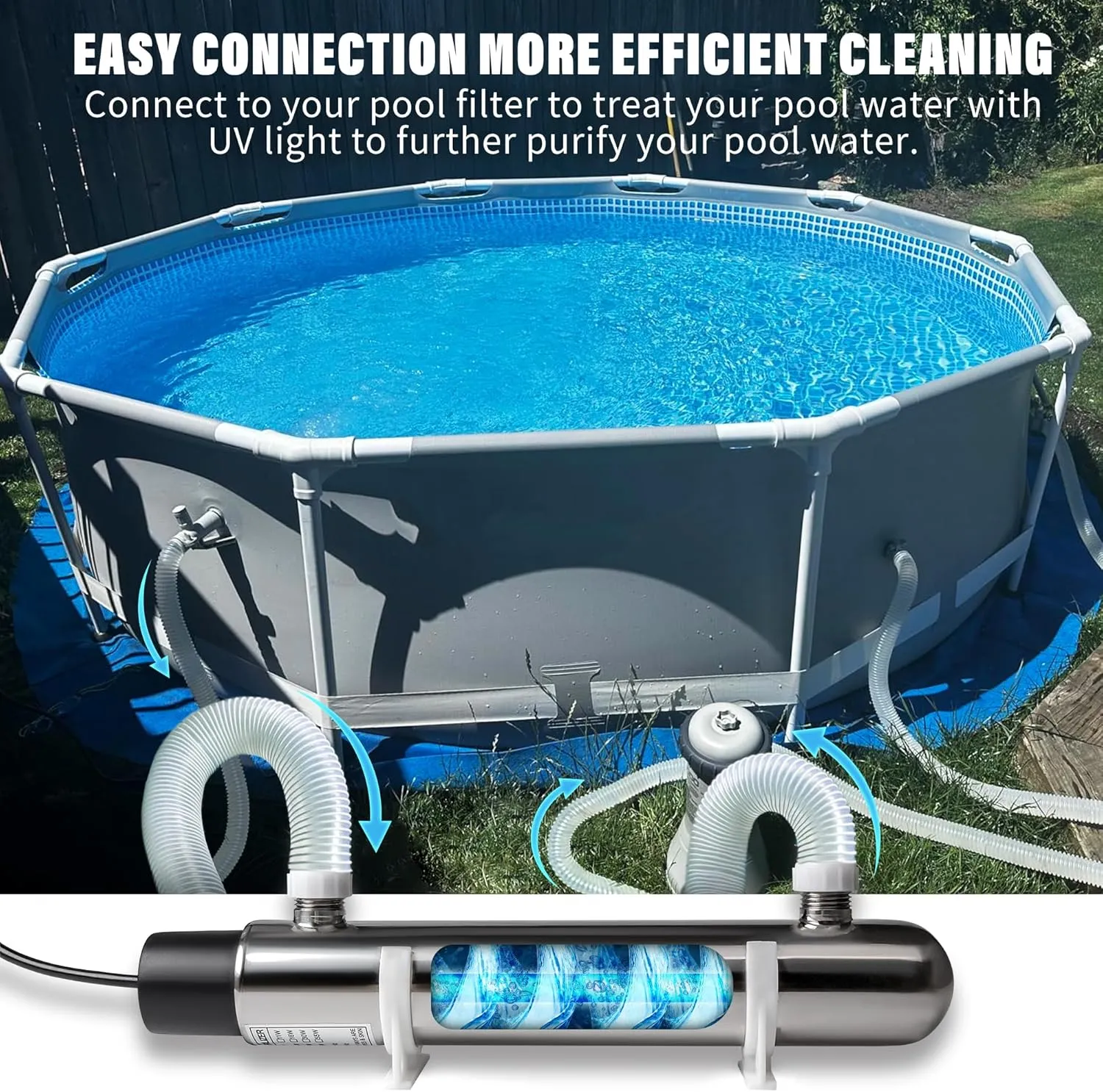 12W Inline Aquarium UV Light Clarifier for Koi Pond Small Pool Filter Cold Plunge UVC Light Stainless Steel Ultraviolet Green Killing Machine Fish Tank Algae Control