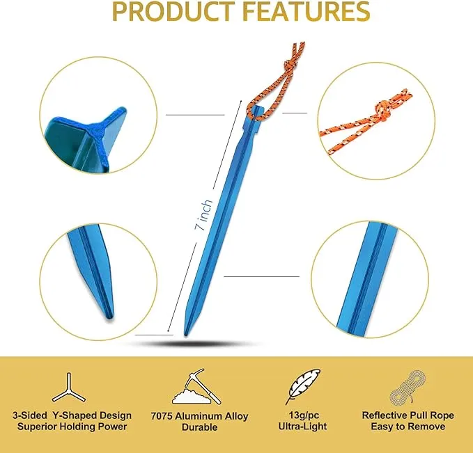 15Pack Tent Stakes, Lightweight Tent Stakes with Pull Rope, 7075 Aluminum Metal Stakes Tent Pegs for Backpacking, Durable Camping Tent Accessories, Blue