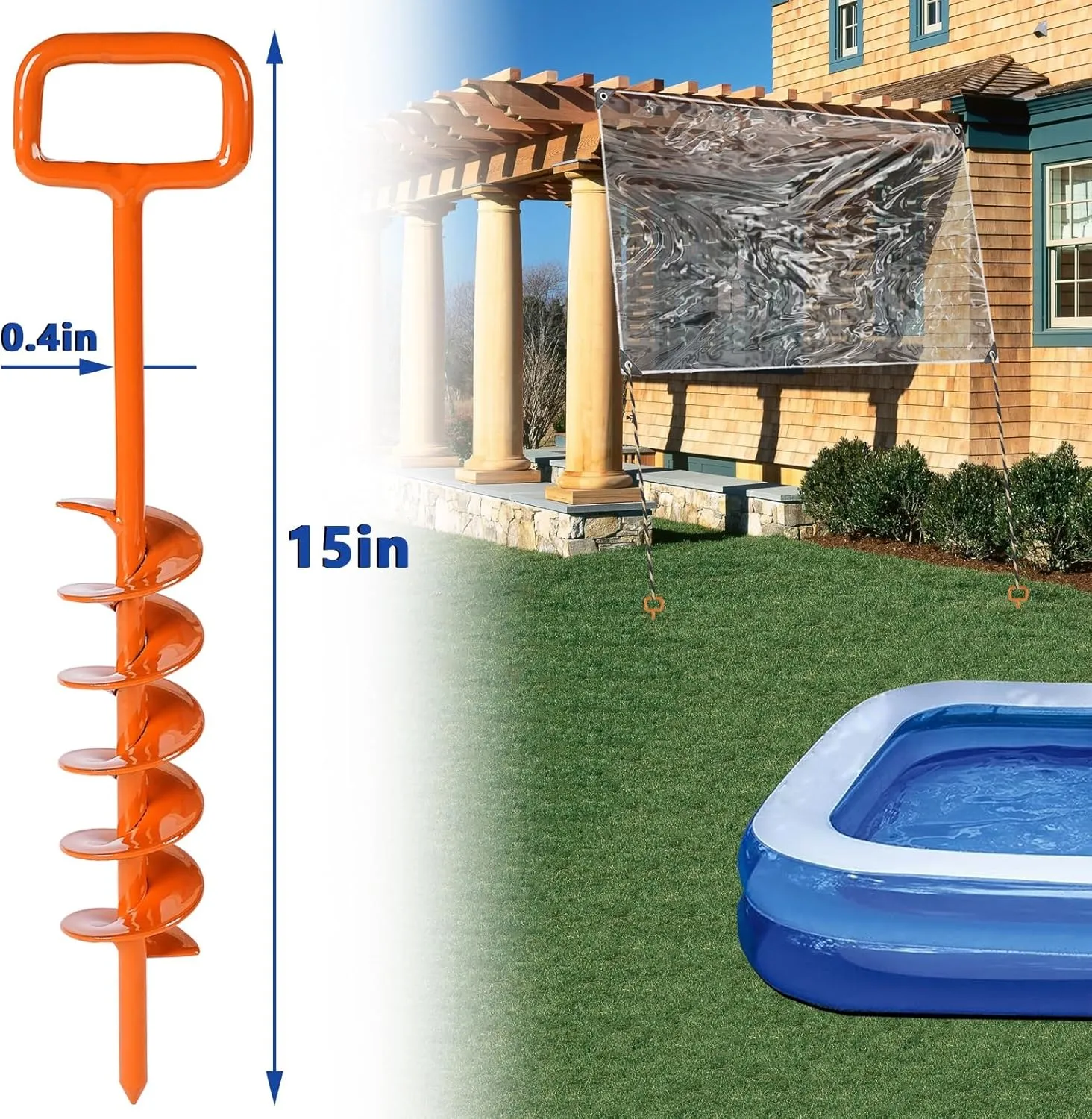2025 Heavy Duty Ground Anchors Screw in - Tent Stakes Heavy Duty, Orange Spiral Stakes for Trampoline, Camping & Hard Ground, Mobile Home Anchors (6PCS,15in)