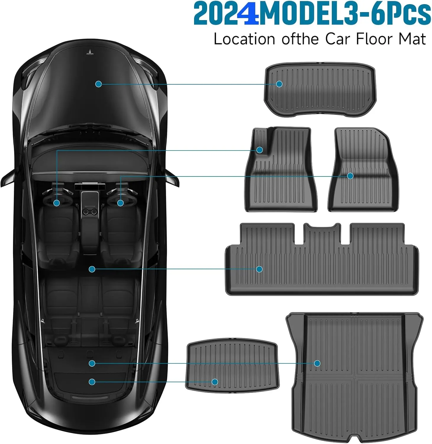2025 New Version Tesla Model 3 Highland Floor Mats Custom Fit All Weather TPE Cargo Liner Cargo Trunk Accessories,Compatible 2021-2024 Tesla Model 3 （2025 Model 3 Full Floor Mat Kit Set of 6
