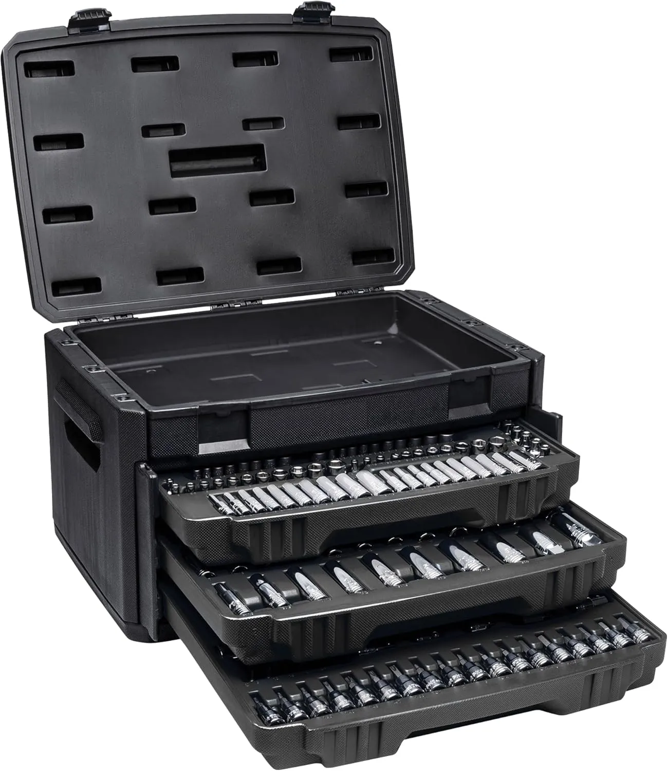 205 Piece General Household Home Repair Mechanics Tool Case Set, 1/2, 1/4, 3/8" Drivers with Socket, Wrench, Jabber Bits and Hex Keys