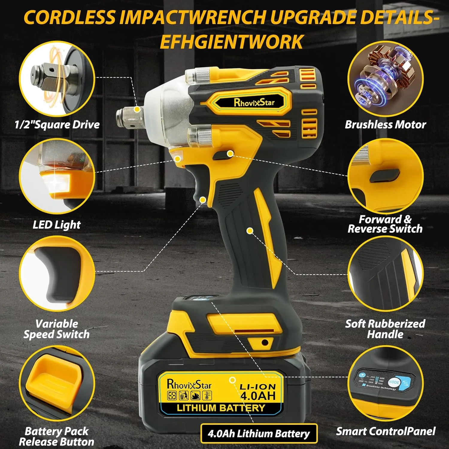 20V MAX Cordless Impact Wrench Kit,1/2" Brushless Motor High Torque Impact Gun,4000mAh Battery and Charger Included,Variable Speed