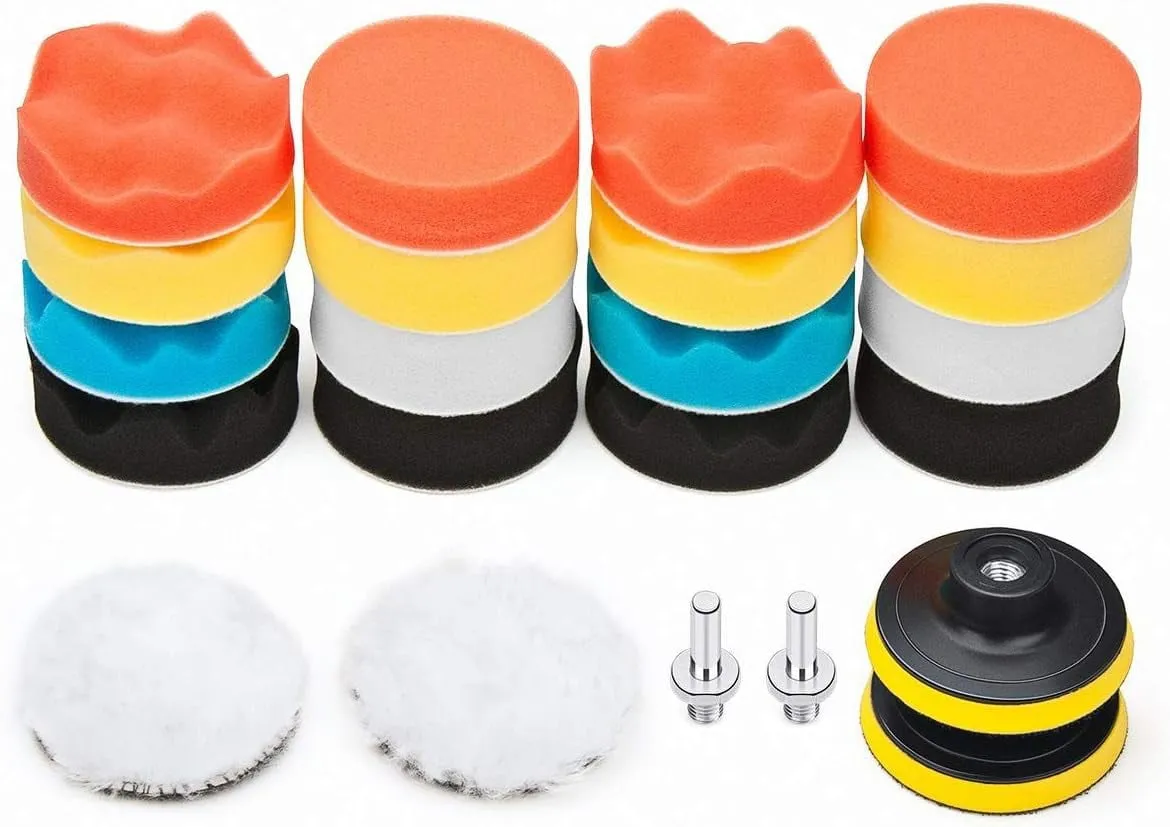 22 PCS Car Foam Drill Polishing Pad Kit, include 16 detailing sponges, 2 wool buffer pads, 2 drill adapters and suction cups, ideal for car sanding, polishing