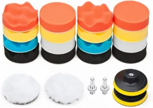22 PCS Car Foam Drill Polishing Pad Kit, include 16 detailing sponges, 2 wool buffer pads, 2 drill adapters and suction cups, ideal for car sanding, polishing