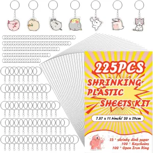 225PCS Shrinky Dink Sheets Keychains Kit,Shrink Plastic Sheets Kit with 25PCS Shrinky Dink Paper,100PCS Keychains and Open Iron Ring for Kids Creative Craft Marking, Handprint（7.87 x11.4inch/20x29cm）