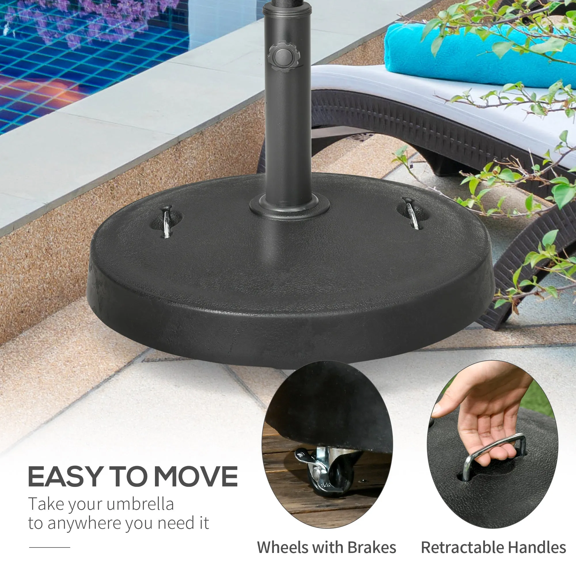 23.5kg Resin Garden Parasol Base with Wheels and Retractable Handles, Round Outdoor Market Umbrella Stand Weight for Poles of Φ38mm to Φ48mm, Black
