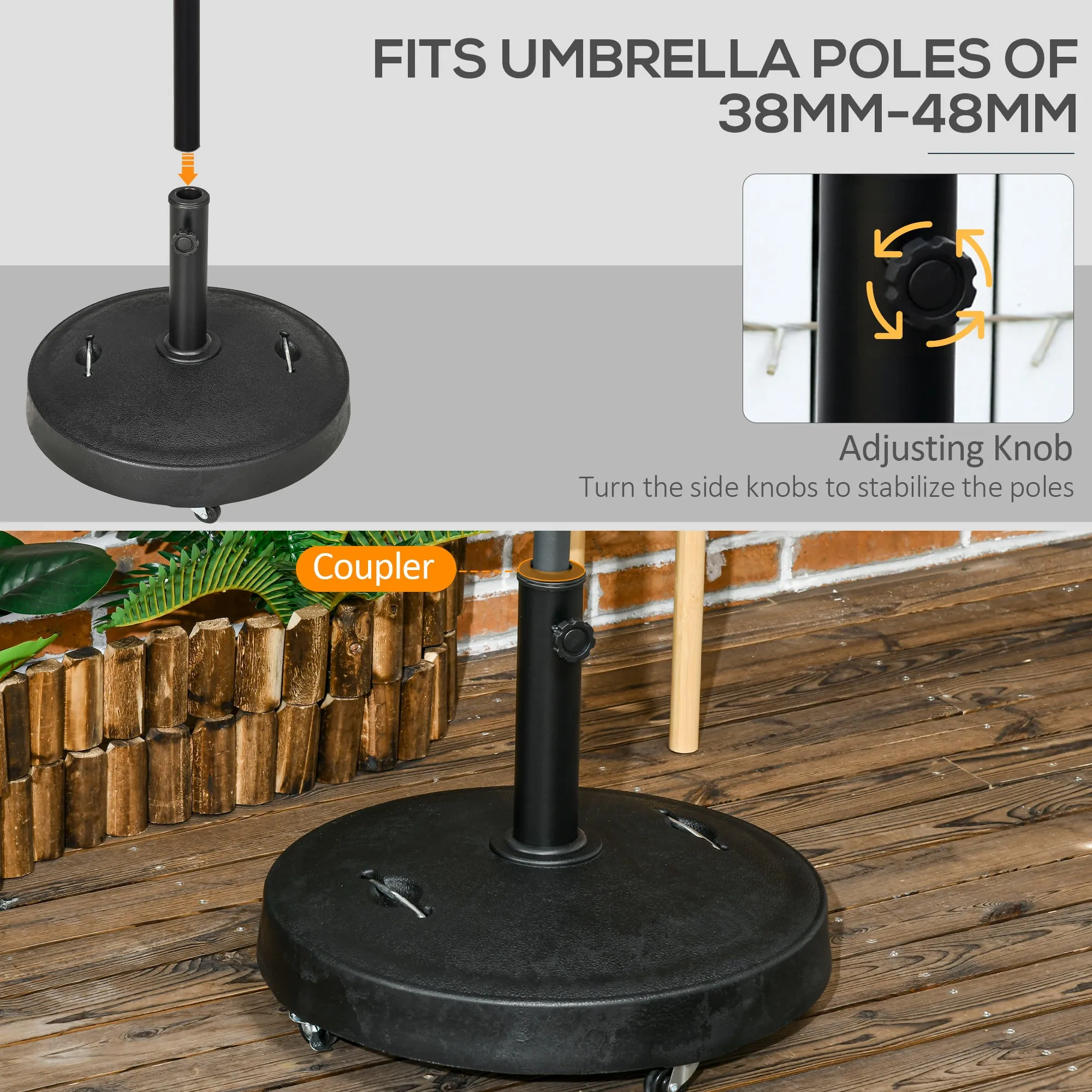 23.5kg Resin Garden Parasol Base with Wheels and Retractable Handles, Round Outdoor Market Umbrella Stand Weight for Poles of Φ38mm to Φ48mm, Black