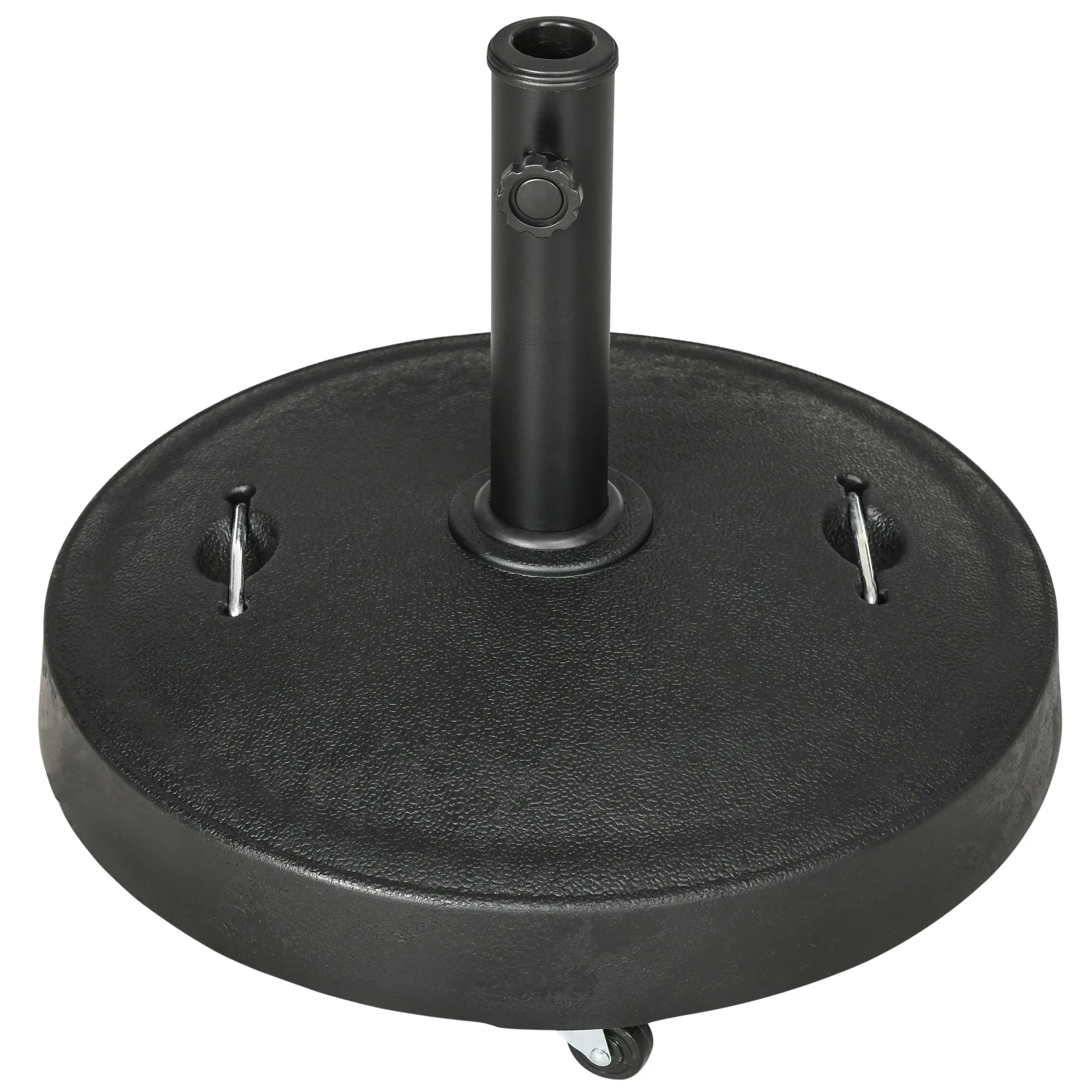 23.5kg Resin Garden Parasol Base with Wheels and Retractable Handles, Round Outdoor Market Umbrella Stand Weight for Poles of Φ38mm to Φ48mm, Black