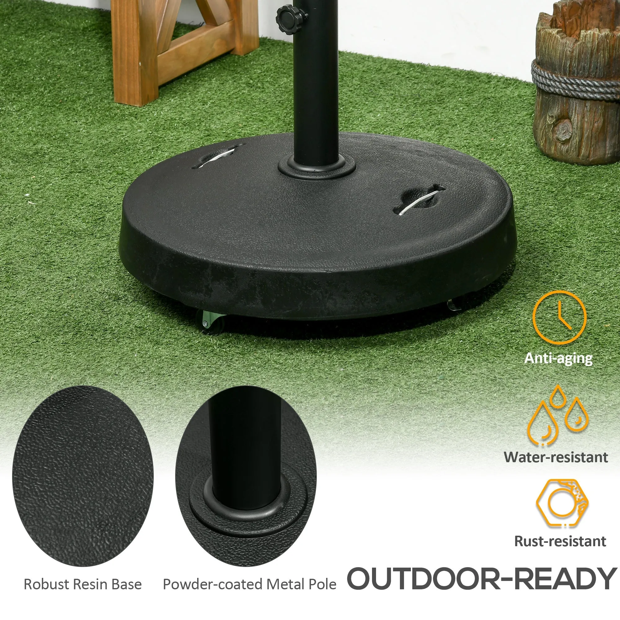 23.5kg Resin Garden Parasol Base with Wheels and Retractable Handles, Round Outdoor Market Umbrella Stand Weight for Poles of Φ38mm to Φ48mm, Black
