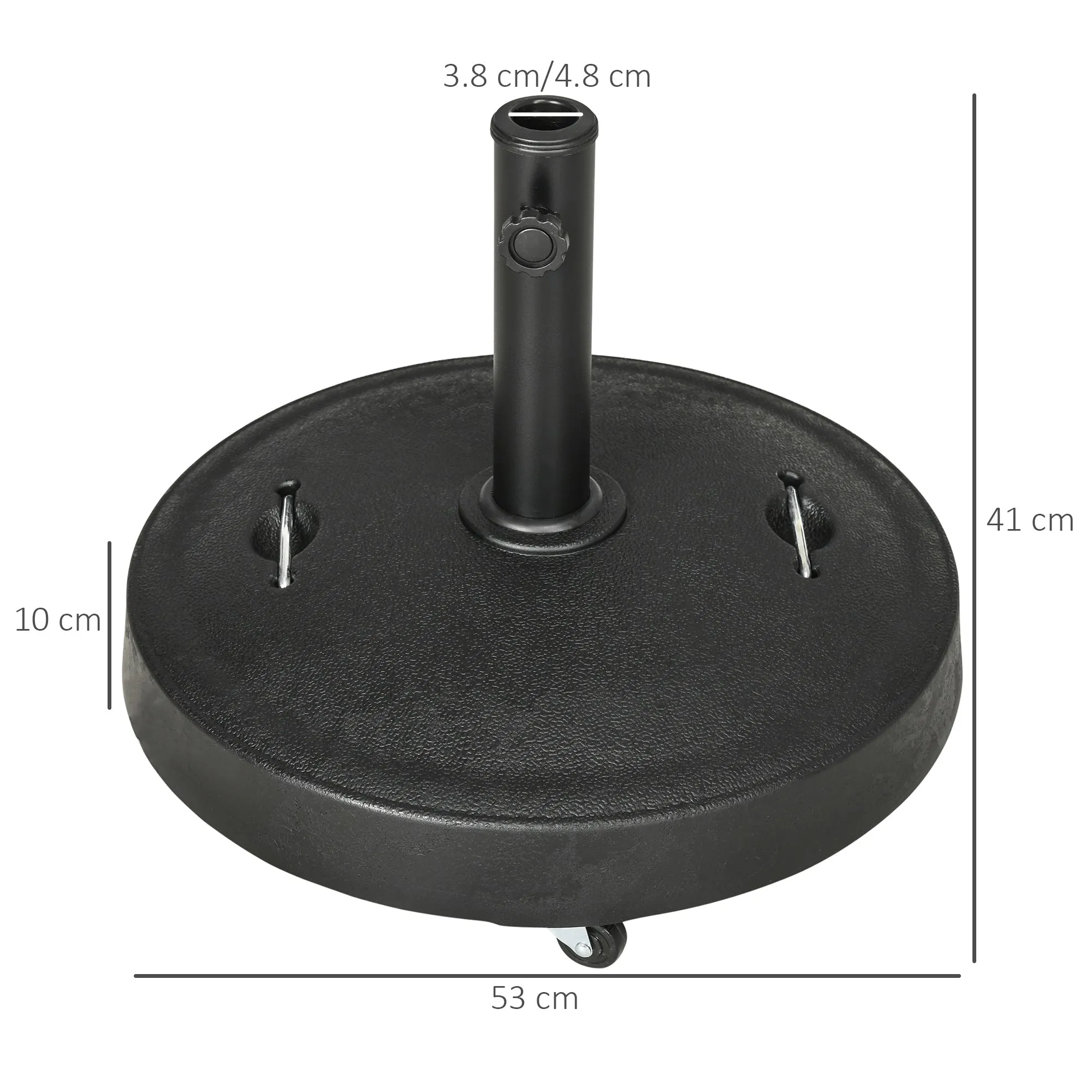 23.5kg Resin Garden Parasol Base with Wheels and Retractable Handles, Round Outdoor Market Umbrella Stand Weight for Poles of Φ38mm to Φ48mm, Black