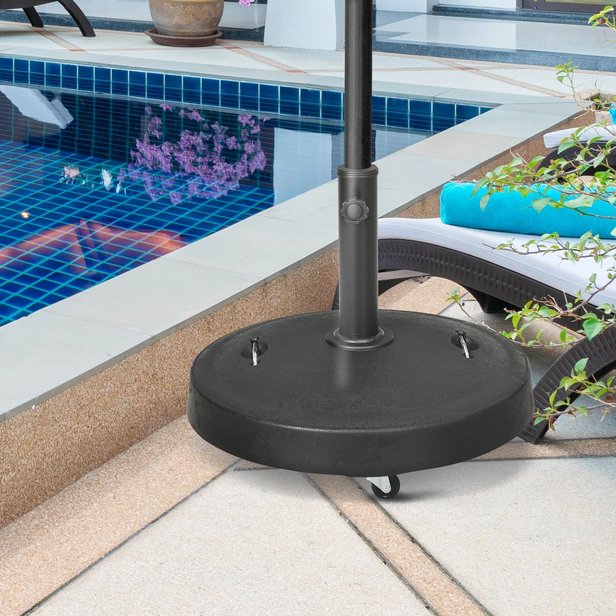 23.5kg Resin Garden Parasol Base with Wheels and Retractable Handles, Round Outdoor Market Umbrella Stand Weight for Poles of Φ38mm to Φ48mm, Black