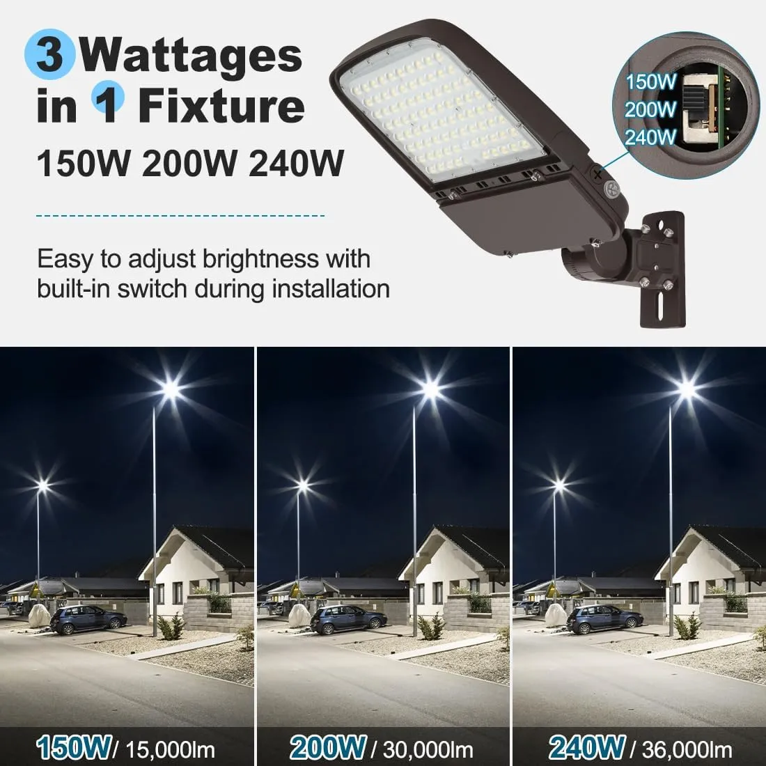 240W LED Parking Lot Light with Photocell, Commercial Outdoor Pole Lights with Slip Fitter & Arm Mount in 1, 36000LM 5000K 100-277V IP65 Dimmable, 240W/200W/150W Power Selectable, ETL