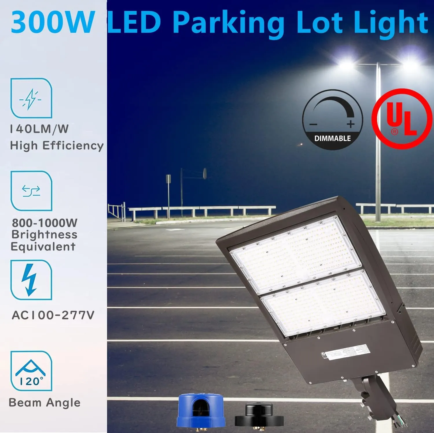 300W Dimmable LED Parkig Lot Light with Slip Fitter, 5000K 42000Lm 1000W HPS/HID Equiv., [Dusk to Dawn Photocell&Shorting Cap Included] UL/DLC Outdoor Commercial LED Parking Lot Lighting Fixture