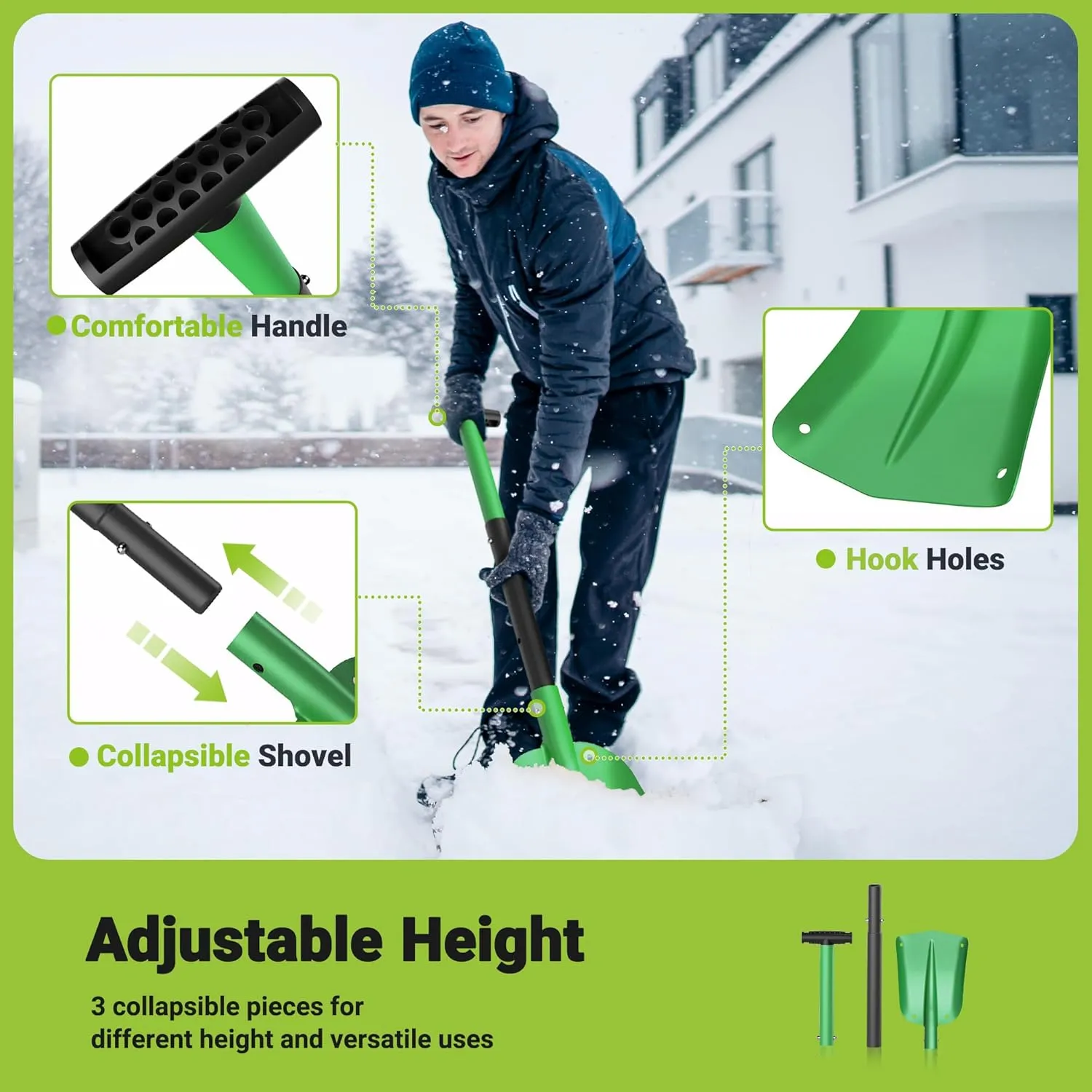 31''Compact Snow Shovel with Ice Scraper, 3 Pieces with Collapsible Design, Aluminum Shovel for Emergency Snow Fall, Camping, Garden and Beach