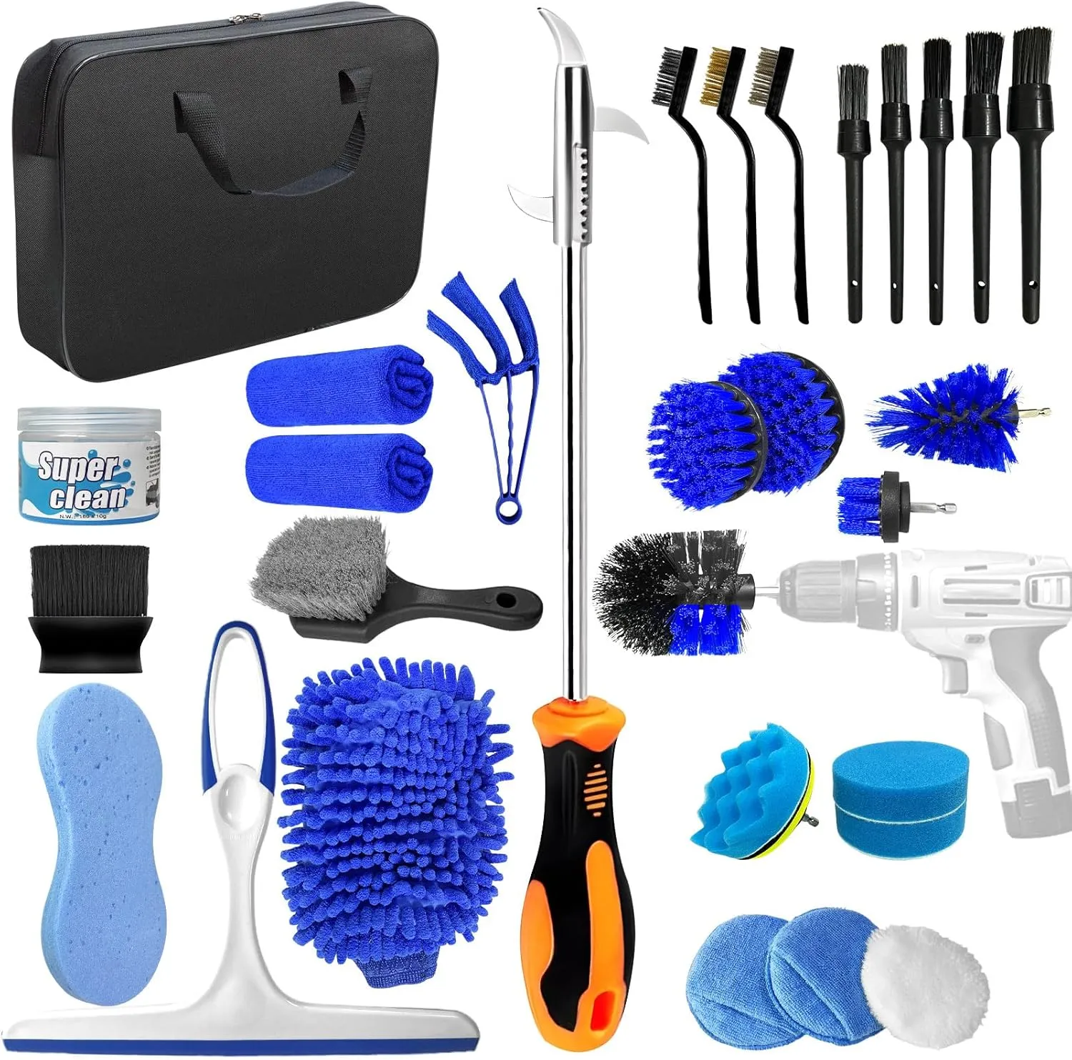 31Pcs Car Detailing Brush Set, All-in-One Kit with Drill Brush Attachments, Polishing Pads, Car Wash Mitt, Towels, Cleaning Tools for Interior, Exterior, Wheels, Tires