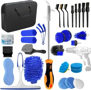 31Pcs Car Detailing Brush Set, All-in-One Kit with Drill Brush Attachments, Polishing Pads, Car Wash Mitt, Towels, Cleaning Tools for Interior, Exterior, Wheels, Tires