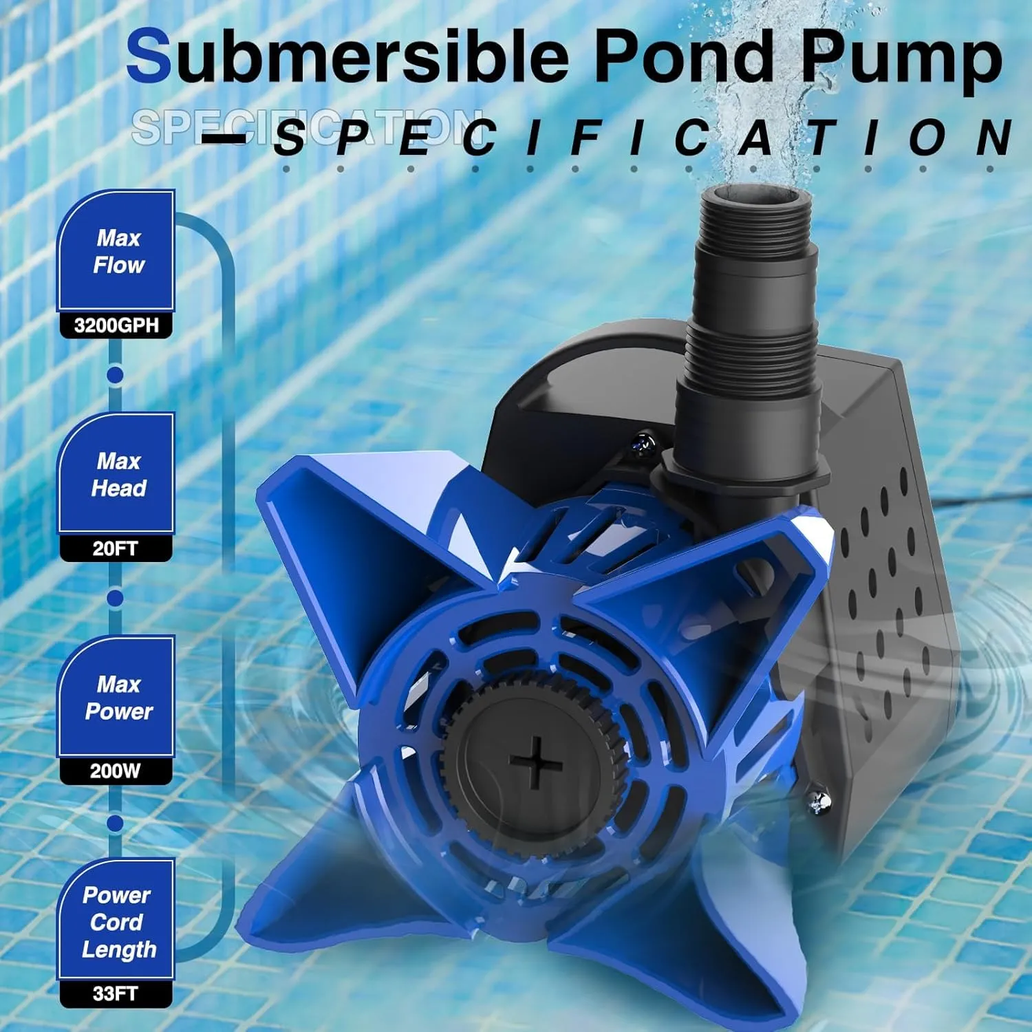 3200GPH Pond Pump, 200W Submersible Water Pump with 33FT Power Cord & Barrier Bag, 2 Hose Adapters, 20FT. Lift Height for Garden Ponds, Fountains, Waterfalls, Water Circulation (Blue)
