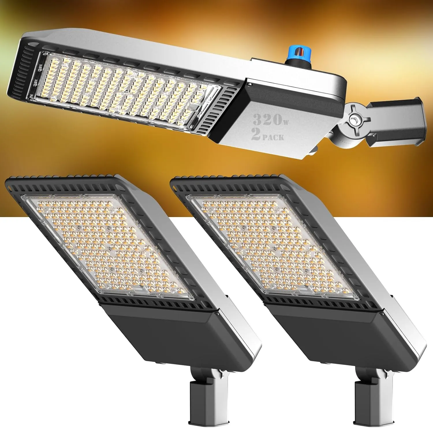320W LED Parking Lot Area Lights 48000Lm(150LM/W) 5000K Adjustable Slip Mount Parking Lot Light with Smart Photocell IP65 Waterproof ETL Listed LED Pole Light 6KV SPD 7 Yrs Warranty-2Pack
