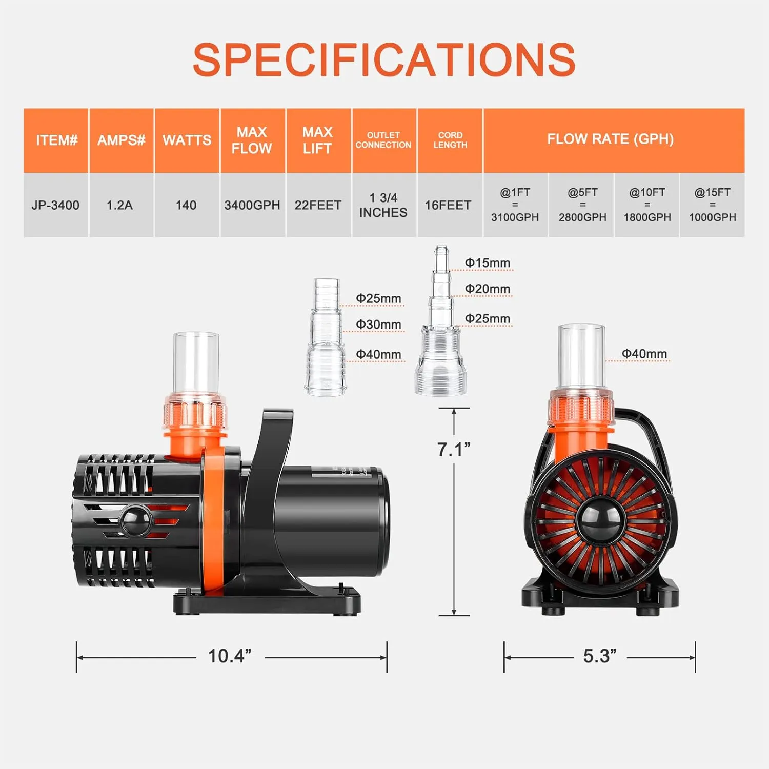 3400GPH Pond pump,Submersible Water Pump,high lift waterfall pump,with barrier bag, used as fountain pump outdoor,for Koi Pond Statuary Aquarium 22FT Max Lift 140W