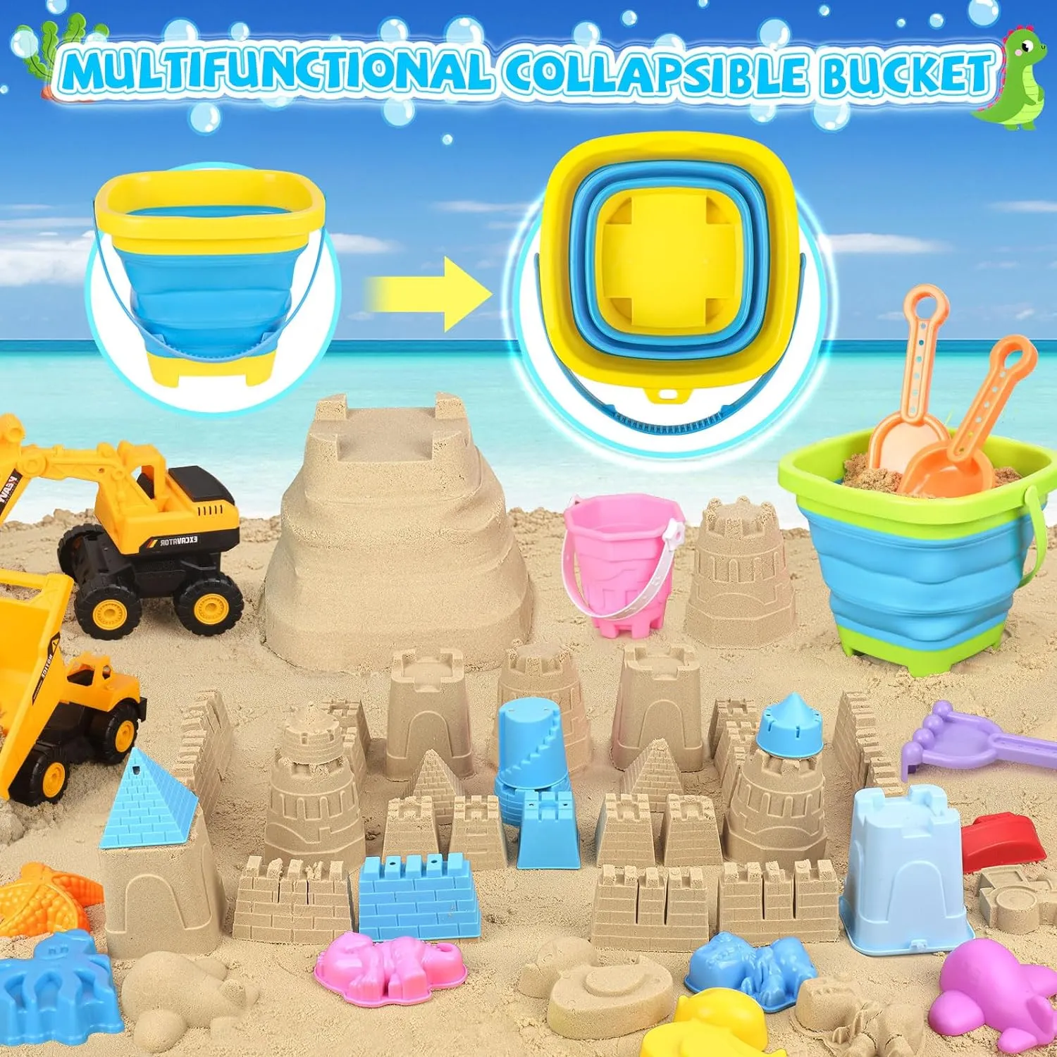 35-Piece Beach Fun Bundle for Kids: Sandcastle Building Kit with 3 Toy Trucks, Foldable Buckets, Dino Molds, Shovels & Travel Storage Bag - Portable Sand Play Set for Boys Girls Ages 3-8
