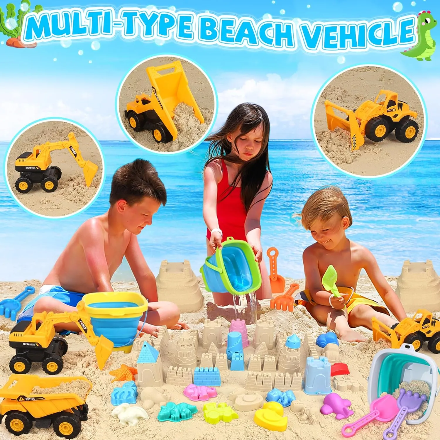 35-Piece Beach Fun Bundle for Kids: Sandcastle Building Kit with 3 Toy Trucks, Foldable Buckets, Dino Molds, Shovels & Travel Storage Bag - Portable Sand Play Set for Boys Girls Ages 3-8