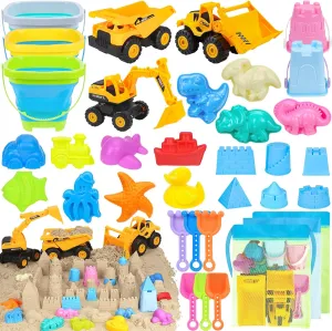 35-Piece Beach Fun Bundle for Kids: Sandcastle Building Kit with 3 Toy Trucks, Foldable Buckets, Dino Molds, Shovels & Travel Storage Bag - Portable Sand Play Set for Boys Girls Ages 3-8
