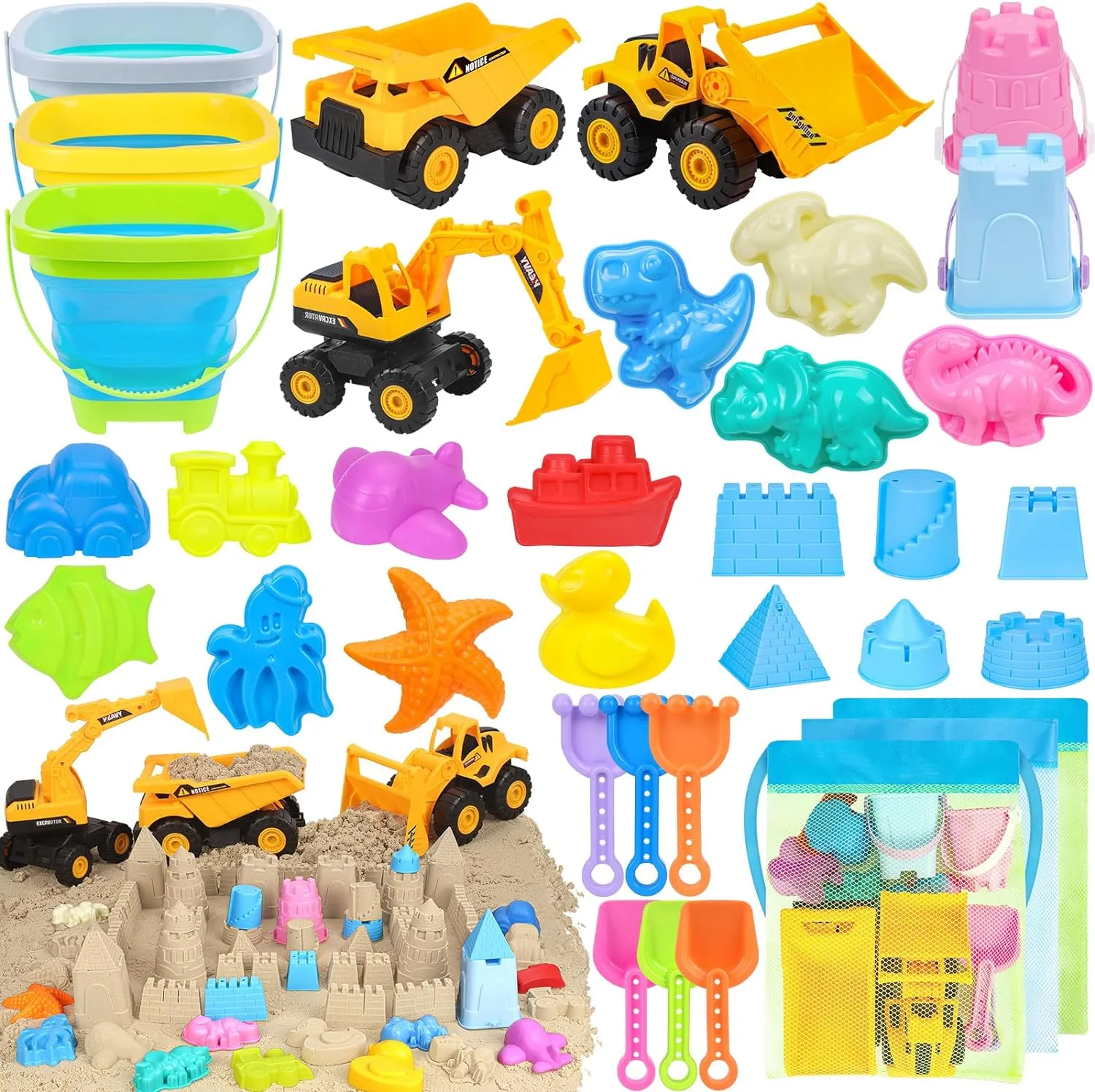 35-Piece Beach Fun Bundle for Kids: Sandcastle Building Kit with 3 Toy Trucks, Foldable Buckets, Dino Molds, Shovels & Travel Storage Bag - Portable Sand Play Set for Boys Girls Ages 3-8