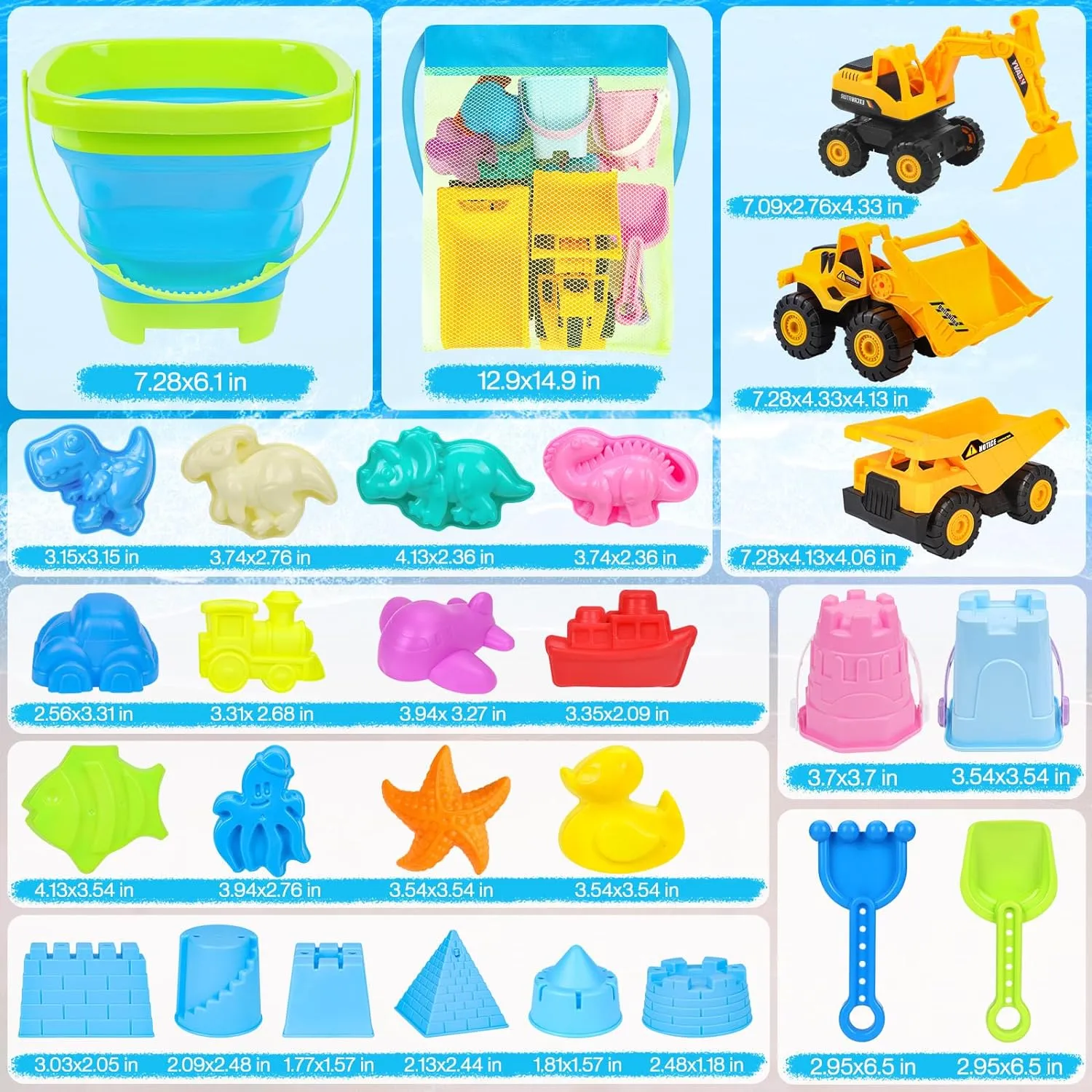 35-Piece Beach Fun Bundle for Kids: Sandcastle Building Kit with 3 Toy Trucks, Foldable Buckets, Dino Molds, Shovels & Travel Storage Bag - Portable Sand Play Set for Boys Girls Ages 3-8