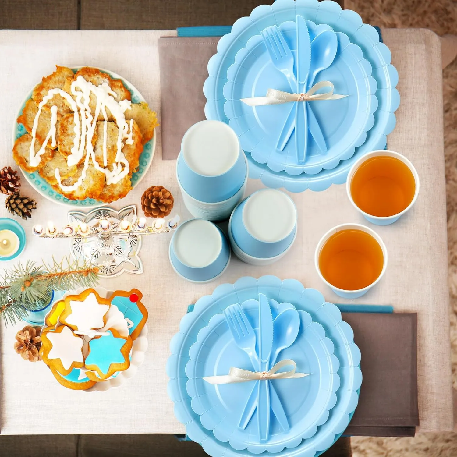 350 Pcs Plates and Napkins, 50 Guest Spring Party Supplies Include Scalloped Paper Plates Napkins Cups Plastic Spoons Forks Knives Disposable Tableware Set for Baby Shower(Baby Blue)