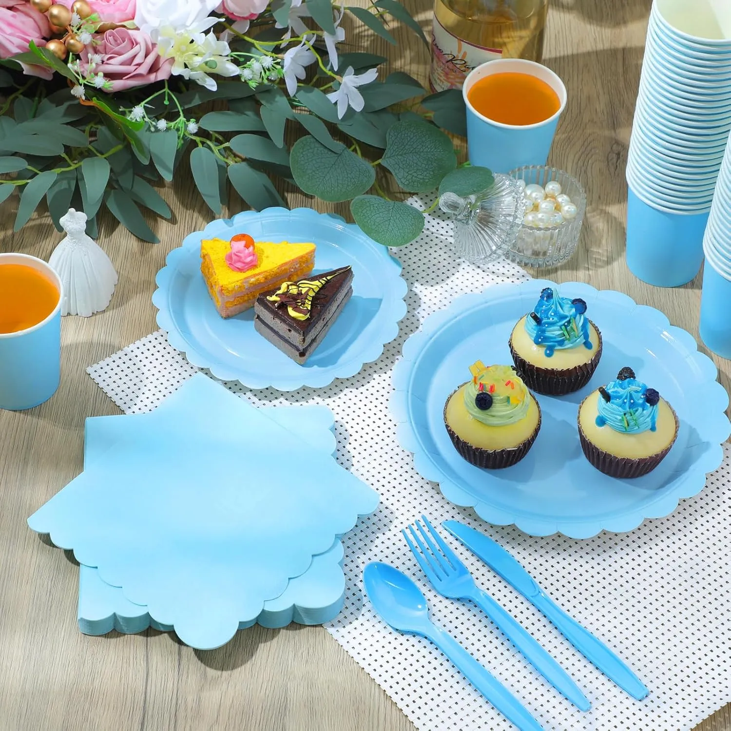 350 Pcs Plates and Napkins, 50 Guest Spring Party Supplies Include Scalloped Paper Plates Napkins Cups Plastic Spoons Forks Knives Disposable Tableware Set for Baby Shower(Baby Blue)
