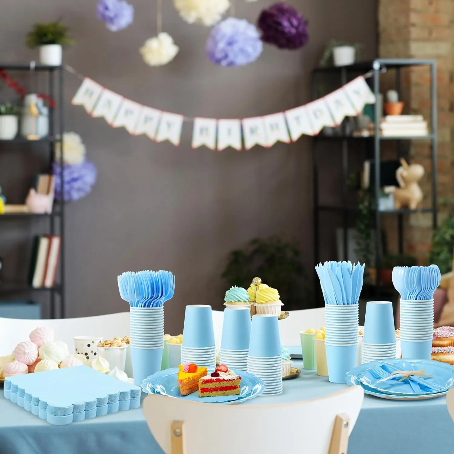 350 Pcs Plates and Napkins, 50 Guest Spring Party Supplies Include Scalloped Paper Plates Napkins Cups Plastic Spoons Forks Knives Disposable Tableware Set for Baby Shower(Baby Blue)