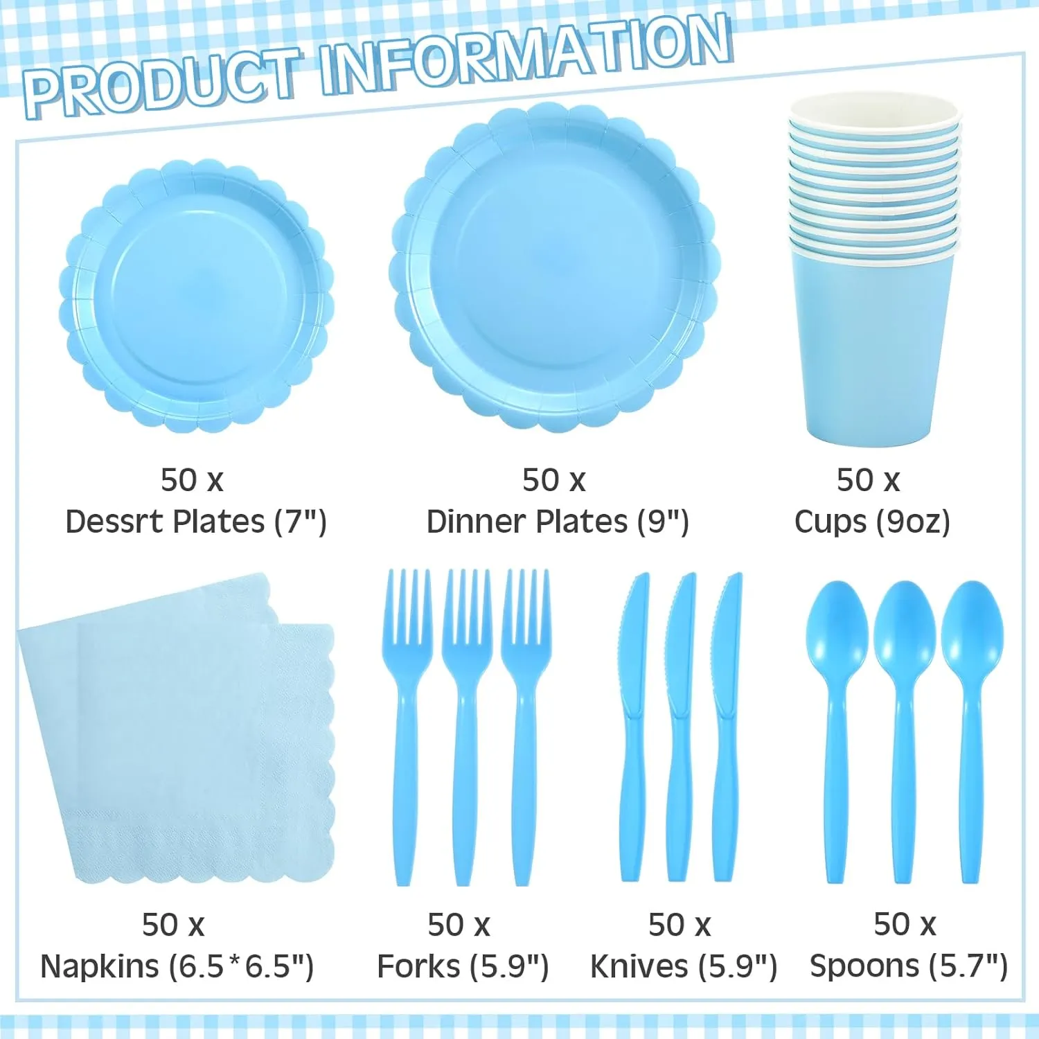 350 Pcs Plates and Napkins, 50 Guest Spring Party Supplies Include Scalloped Paper Plates Napkins Cups Plastic Spoons Forks Knives Disposable Tableware Set for Baby Shower(Baby Blue)