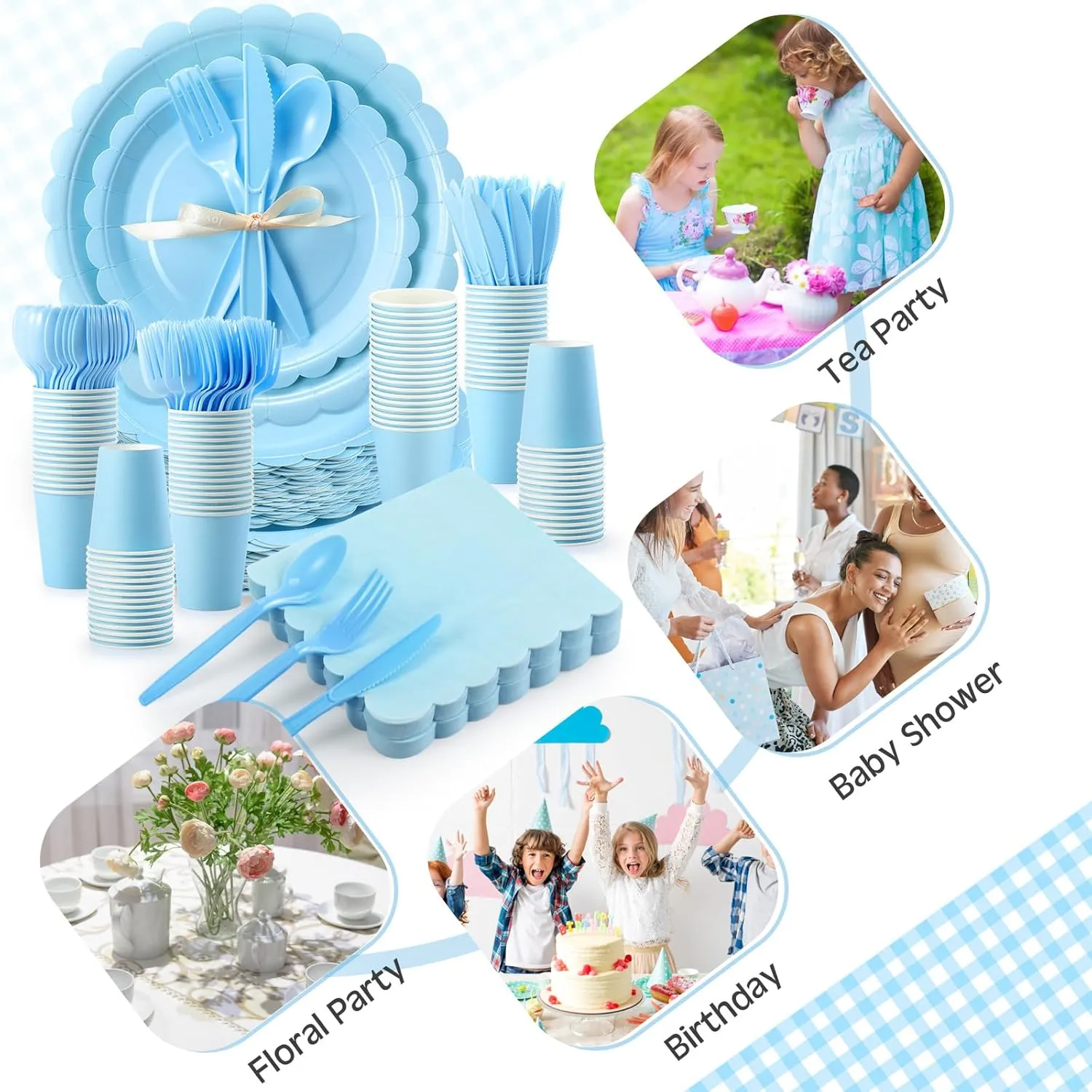 350 Pcs Plates and Napkins, 50 Guest Spring Party Supplies Include Scalloped Paper Plates Napkins Cups Plastic Spoons Forks Knives Disposable Tableware Set for Baby Shower(Baby Blue)