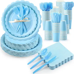 350 Pcs Plates and Napkins, 50 Guest Spring Party Supplies Include Scalloped Paper Plates Napkins Cups Plastic Spoons Forks Knives Disposable Tableware Set for Baby Shower(Baby Blue)