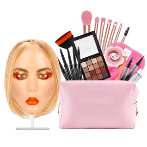 3D Makeup Practice Kit, Reusable Silicone Makeup Mannequin Face for Students and Beginners, Comes With Brushes Set & Dual Head Eyebrow Pencils & Eyeliners & Eyelash Pair