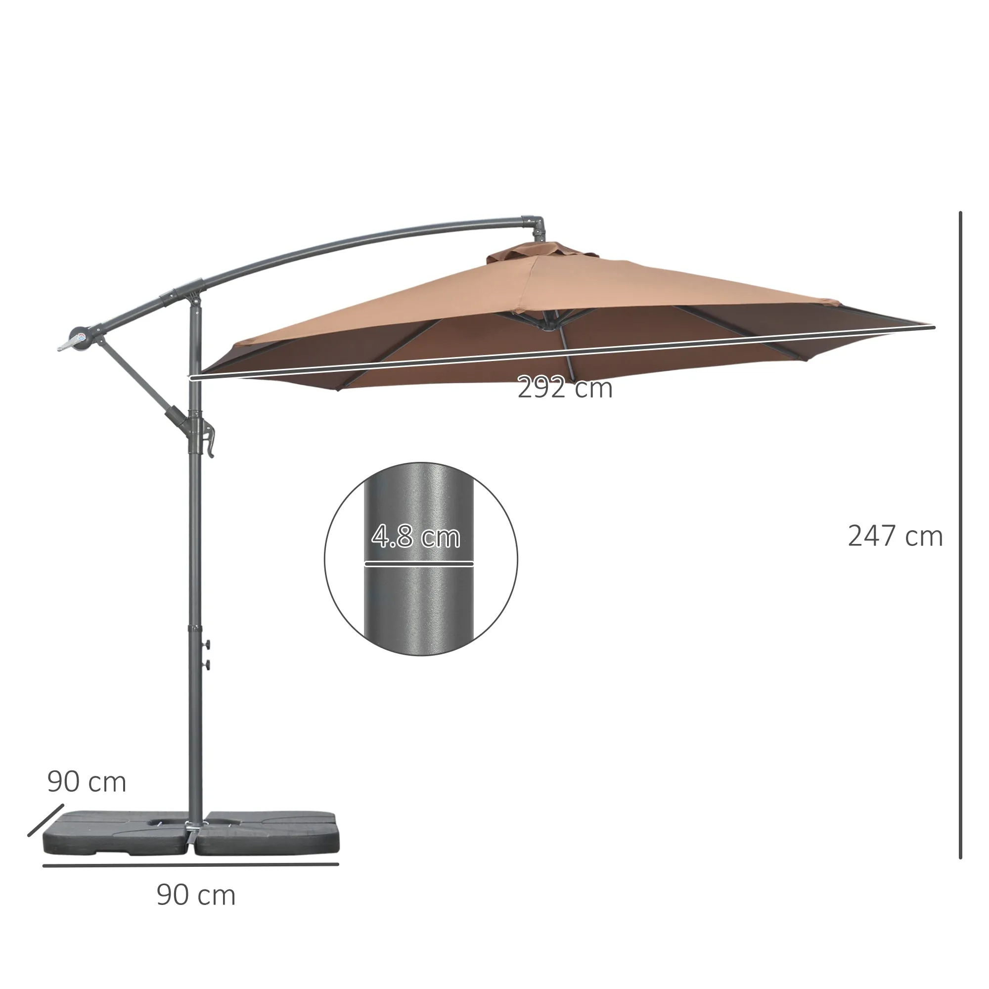 3(m) Garden Banana Parasol Cantilever Umbrella with Crank Handle, Cross Base, Weights and Cover for Outdoor, Hanging Sun Shade, Coffee