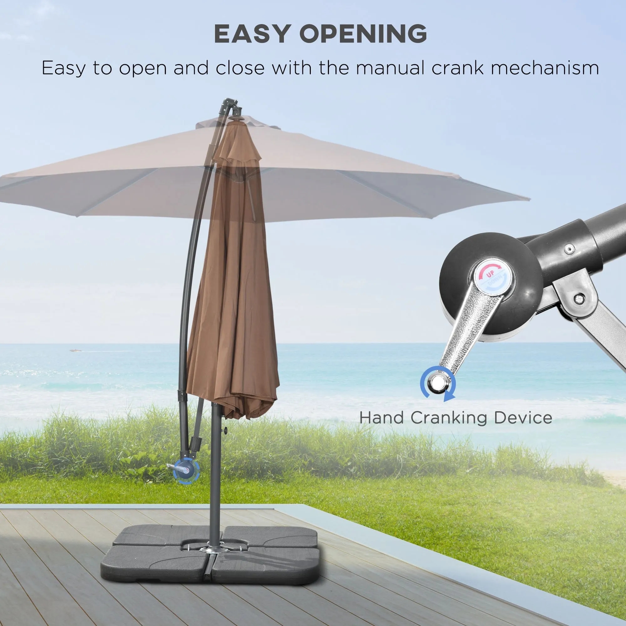 3(m) Garden Banana Parasol Cantilever Umbrella with Crank Handle, Cross Base, Weights and Cover for Outdoor, Hanging Sun Shade, Coffee