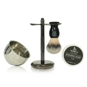 4 in 1 Premium Shaving Brush Kit for Men Includes Vegan Synthetic Badger Hair Shaving Brush,Sandalwood Shaving Cream Soap 85G,Stainless Steel Bowl,Heavy Safety Shaving Stand for Mens Gift (Black)