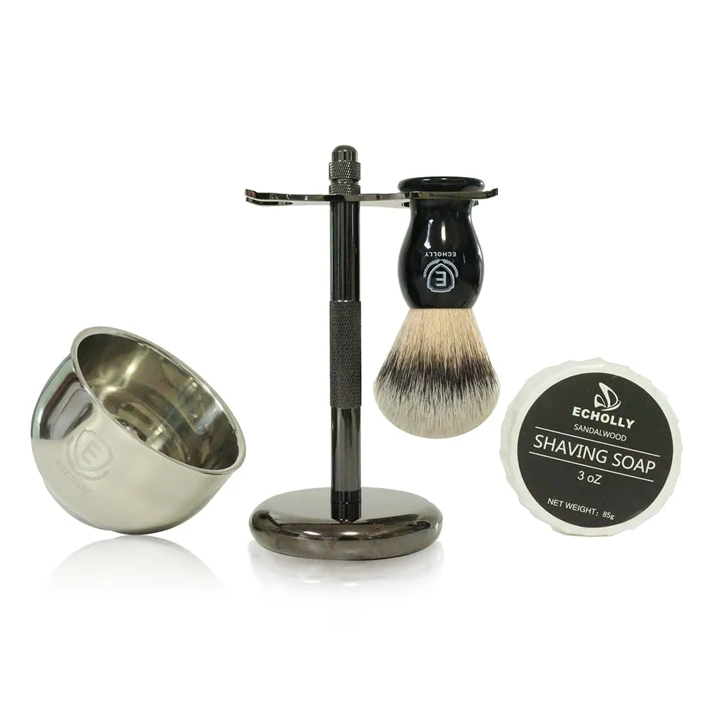4 in 1 Premium Shaving Brush Kit for Men Includes Vegan Synthetic Badger Hair Shaving Brush,Sandalwood Shaving Cream Soap 85G,Stainless Steel Bowl,Heavy Safety Shaving Stand for Mens Gift (Black)
