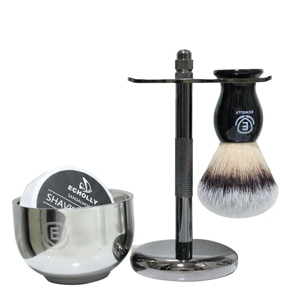 4 in 1 Premium Shaving Brush Kit for Men Includes Vegan Synthetic Badger Hair Shaving Brush,Sandalwood Shaving Cream Soap 85G,Stainless Steel Bowl,Heavy Safety Shaving Stand for Mens Gift (Black)