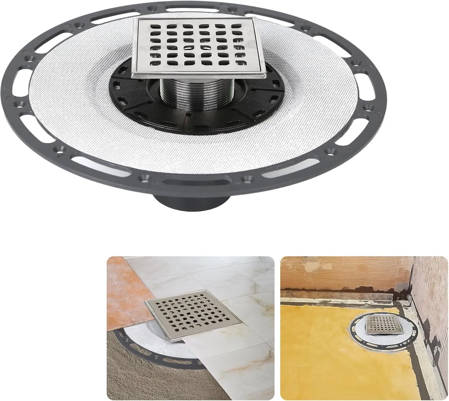 4-Inch Square Shower Drain with Bonding Flange - Durable Stainless Steel Shower Drain Flange Kit for Quick Drainage, Easy Installation, Ideal for Bathroom & Wet Area Renovations
