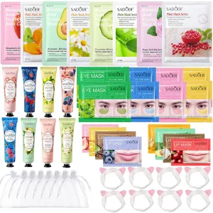 48 Pcs Spa Party Supplies, Facial Masks,Under Eye Patches,Hand Cream, Lip mask,Headband and Organza Bags, Spa Party Favors, Home Spa Sleepover Set for All Skin Type,Sleepover Party Supplies